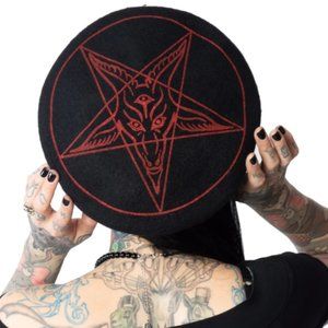 Baphomet Goat Head Red On Black Wool Beret Hat NWT
